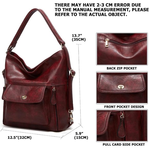 Water Resistant Vintage Convertible Backpack Purse in Burgundy - 35L Capacity - Picture 2 of 6